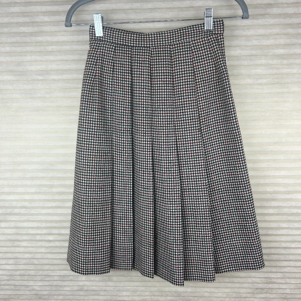 Vintage The Villager Houndstooth Wool Academia Preppy Pleated Skirt Country